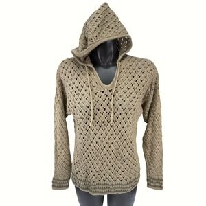 WOOLRICH Hooded Knit Grunge Khaki Women's Ramie Cotton Pullover Hoodie Sweater M
